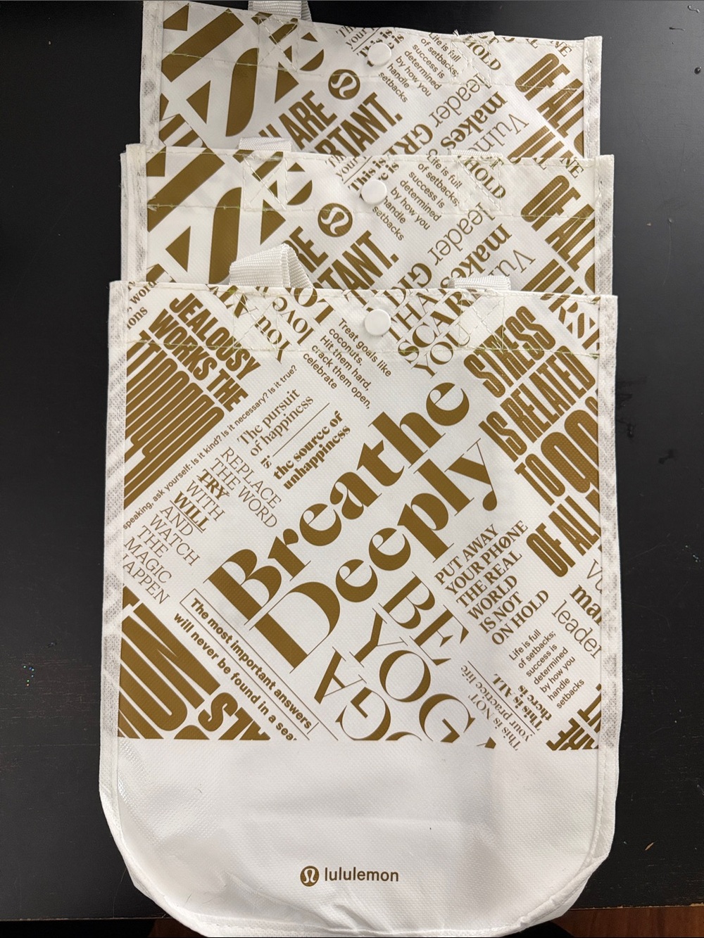 3 lululemon white and gold printed tote (BUNDLE)